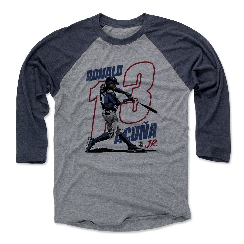 500 LEVEL Ronald Acuna Jr. 3/4 Sleeve T-Shirt (Baseball Tee, X-Large, Navy/Heather Gray) - Ronald Acuna Jr. Power R