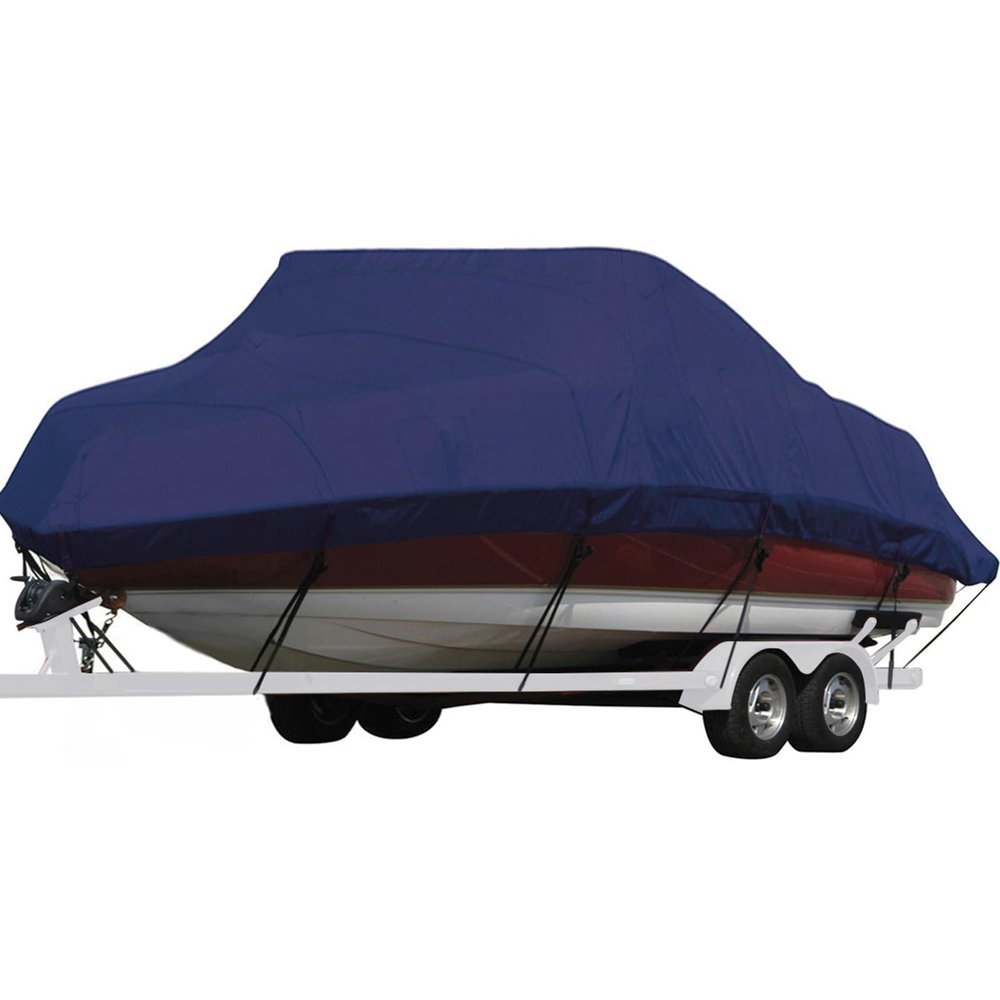 Seamander Waterproof Boat Cover, Solution-Dyed Yarn Marine Grade Cover Fits 20' to 22' ft Bass, V-Hull, Tri-Hull, Fish & Ski, Runabout Bowrider Boats - Heavy Duty Canvas Navy Blue