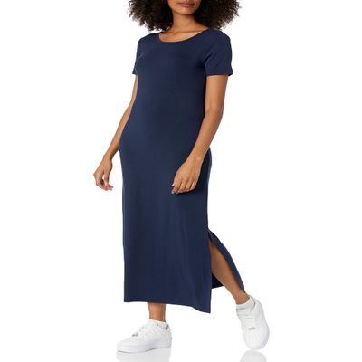 Amazon Essentials Women's Jersey Standard-Fit Short-Sleeve Crewneck Side Slit Maxi Dress, Navy, Medium