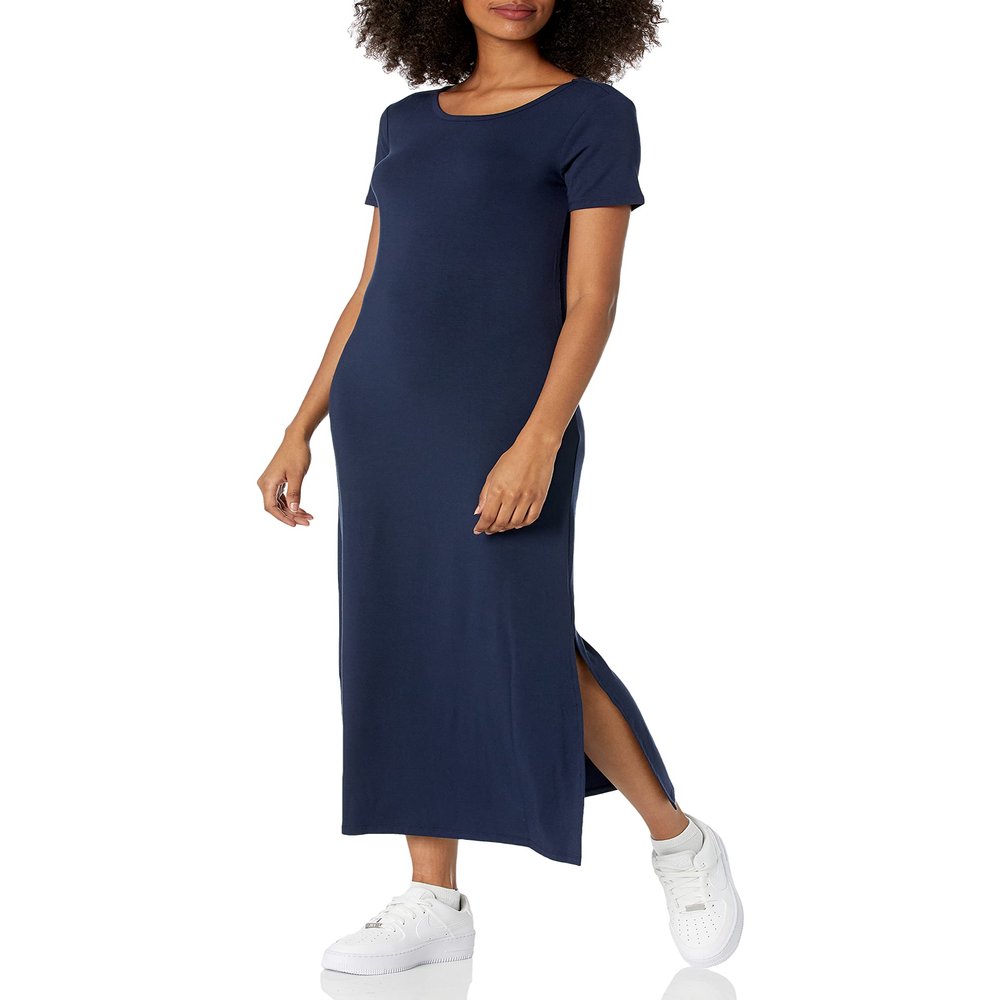 Amazon Essentials Women's Jersey Standard-Fit Short-Sleeve Crewneck Side Slit Maxi Dress, Navy, Large