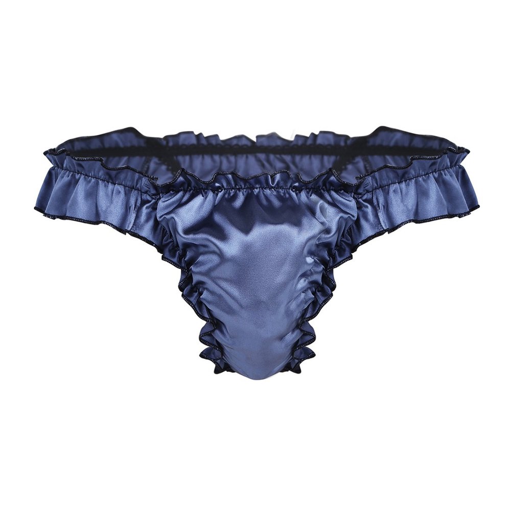 Agoky Men's Silky Satin Ruffle Frilly Bulge Pouch Bikini Briefs T-Back Crossdressing Underwear Navy Blue X-Large