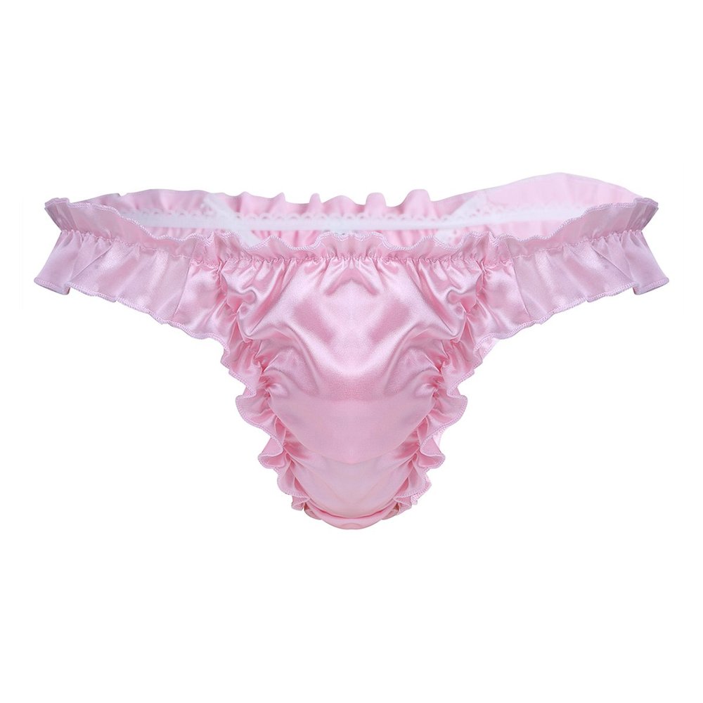 Agoky Men's Silky Satin Ruffle Frilly Bulge Pouch Bikini Briefs T-Back Crossdressing Underwear Pink X-Large