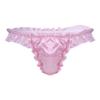 Agoky Men's Silky Satin Ruffle Frilly Bulge Pouch Bikini Briefs T-Back Crossdressing Underwear Pink X-Large view 1