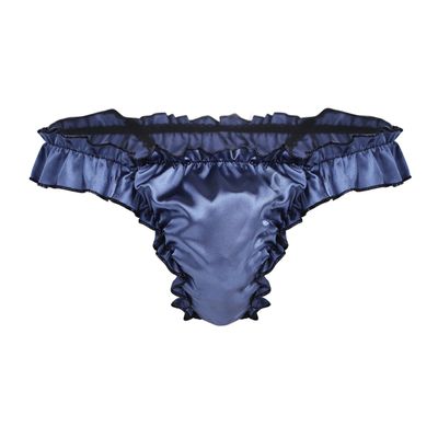 Agoky Men's Silky Satin Ruffle Frilly Bulge Pouch Bikini Briefs T-Back Crossdressing Underwear Navy Blue Large