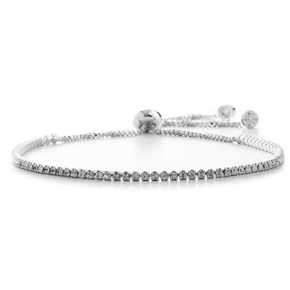Devin Rose Adjustable Bolo Slider Dainty Tennis Bracelet for Women made with 2mm Faceted Crystals in Rhodium Plated Brass White