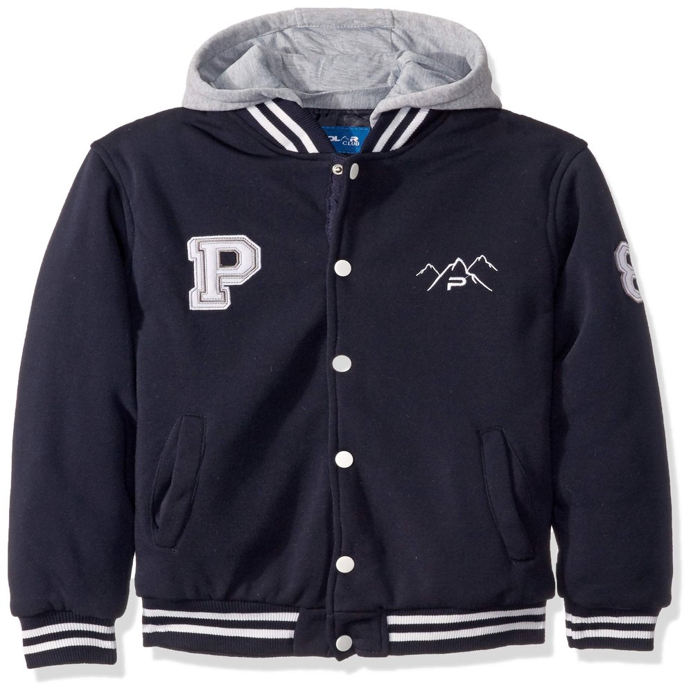 The Polar Club Big Boys' Fleece Varsity Baseball Jacket with Removable Hood (Navy- XL/18)