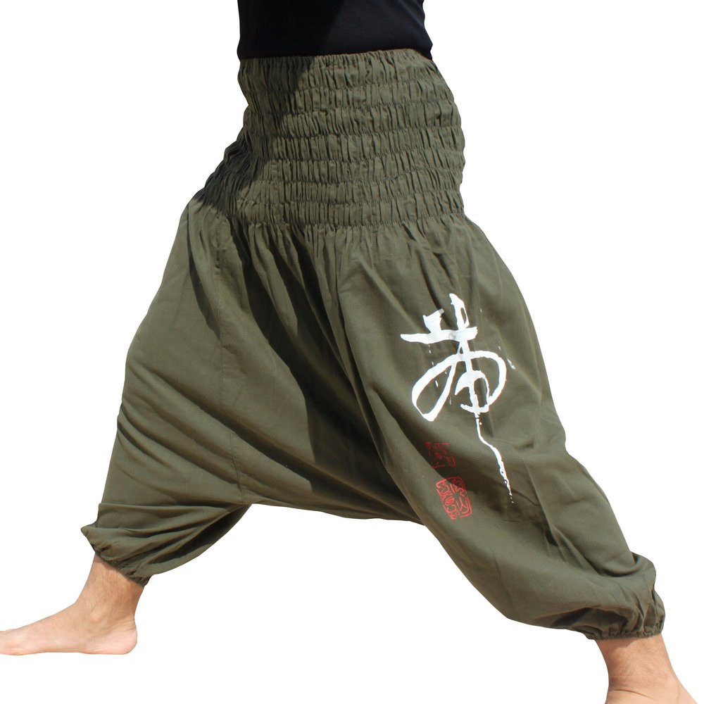 RaanPahMuang Jen Tiger Calligraphy Light Cotton Mao Pants with Wide Smock Waist, Medium, Aum Cotton Dark Olive Green