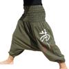 RaanPahMuang Jen Tiger Calligraphy Light Cotton Mao Pants with Wide Smock Waist, Medium, Aum Cotton Dark Olive Green