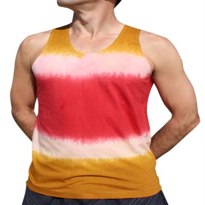 Full Funk Tie Dyed Strata T-Shirt Sleeveless Cotton Vest, Small, Yellow Red