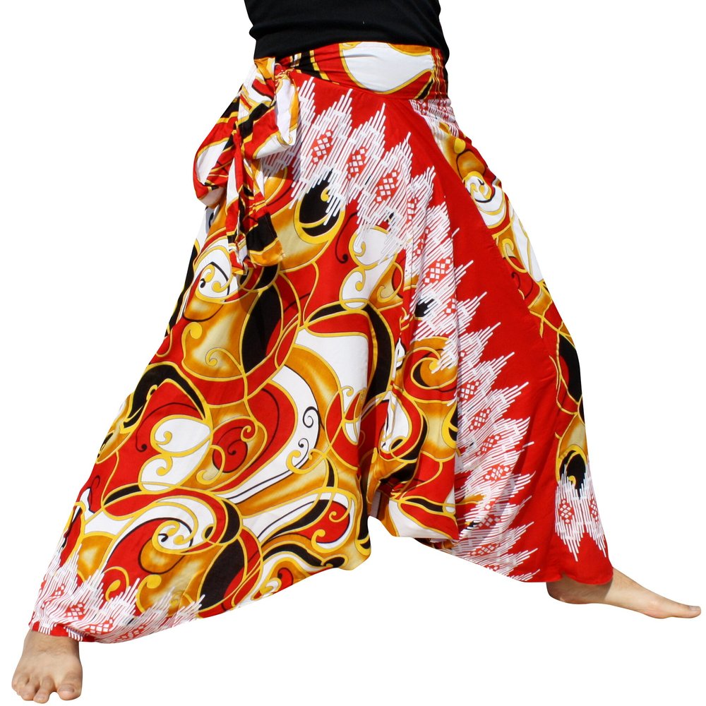 RaanPahMuang Mixed Art Baggy Side Tie Mao Hmong Hill Tribe Harem Pants, Large, Curved Steel Red