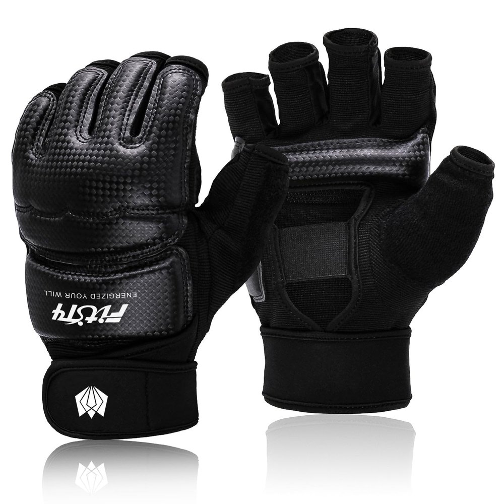 FitsT4 Sports Half Mitts MMA UFC Training Boxing Punch Bag Kickboxing Sparring Grappling Martial Arts Muay Thai Taekwondo Wrist Wraps Support Gloves for Women Men Kids Black S
