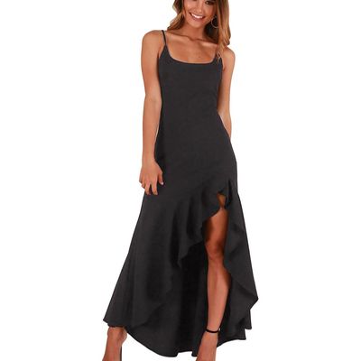 2018 Casual Women's Suspenders Lotus Keaf Large Swing Split Dress Woman Evening Dress Long Skirt Black