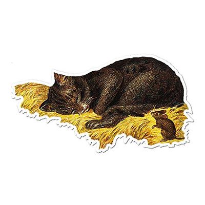 Black Cat Sleeping with Mouse - Vinyl Decal Sticker - Vintage Painting - 6.85" x 3.75"