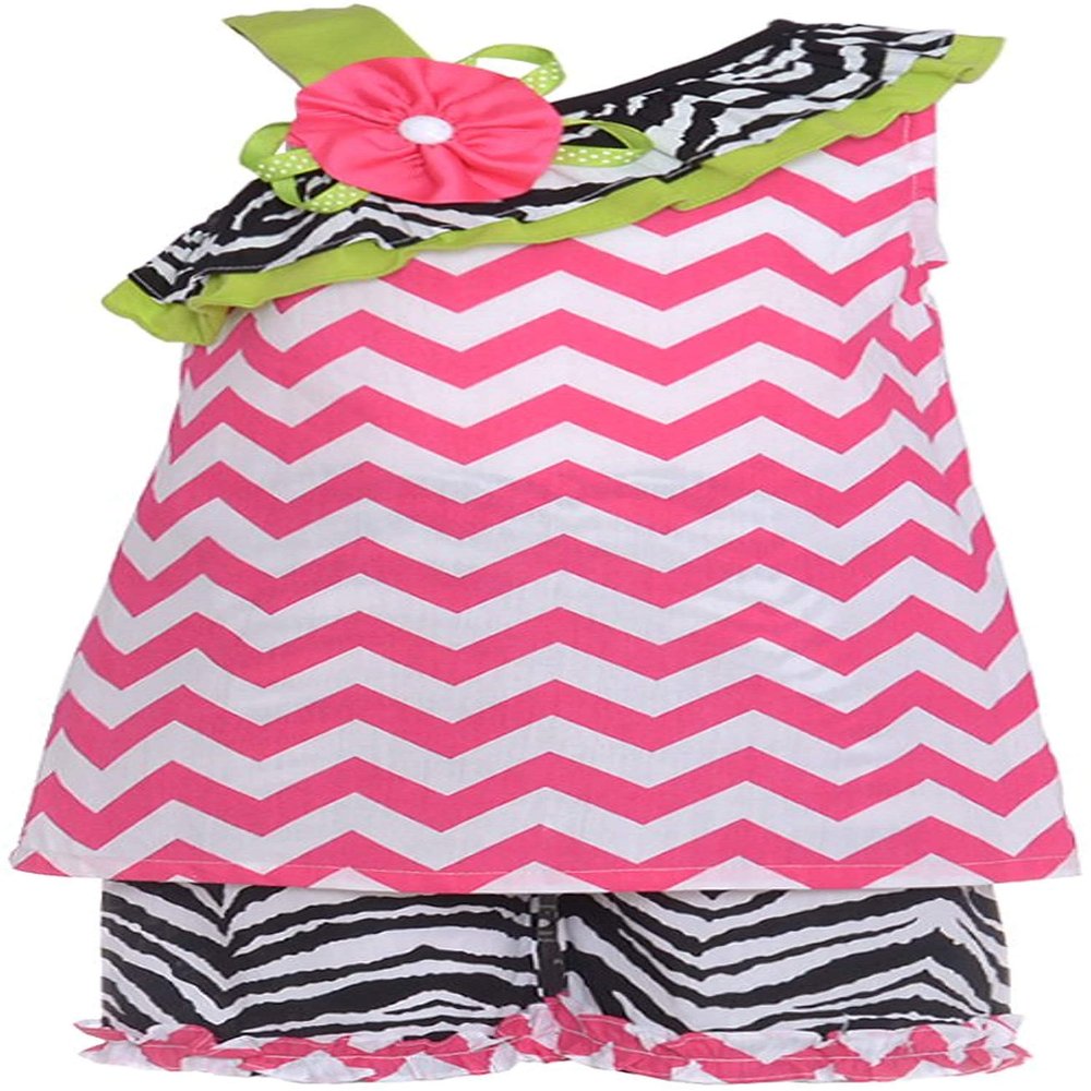 Baby Girls 3M-24M Fuchsia-Pink/White Chevron Zebra Stripe Top/Shorts Set (6M, Fuchsia)