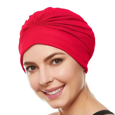 Beemo Swim Caps for Women Swimming Turban Polyester Latex Lined Pleated for Ladies - Red
