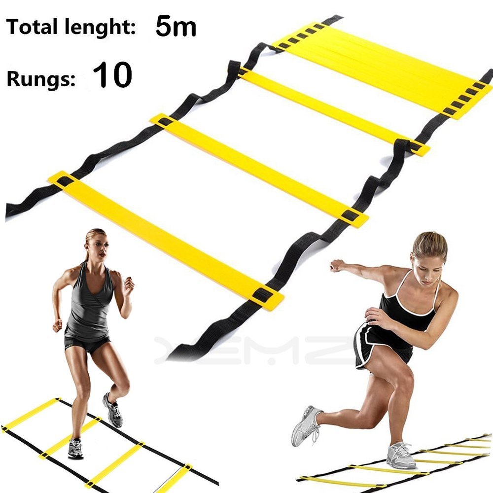 XEMZ Speed Agility Exercise Ladder with Carry Bag, Home Gym Quickness Training Equipment, Soccer Football Fitness Fast Footwork Drills Aid, Adjustable Sport Cones Folder Hurdles (5M, 10-Rung, Black)