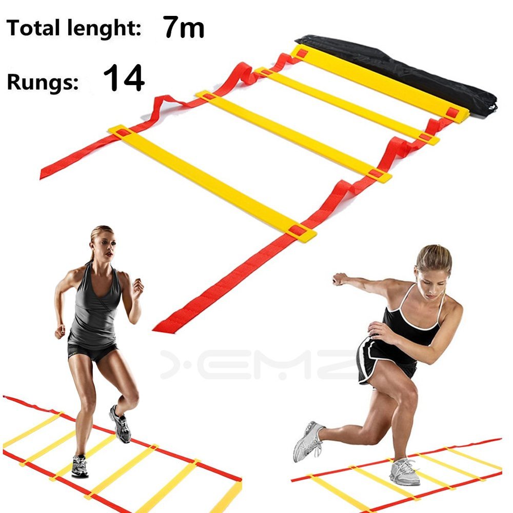 XEMZ Speed Agility Exercise Ladder with Carry Bag, Home Gym Quickness Training Equipment, Soccer Football Fitness Fast Footwork Drills Aid, Adjustable Sport Cones Folder Hurdles (7M, 14-Rung, red)