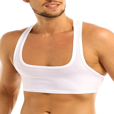 YiZYiF Men's Sleeveless Y Back Muscle Half Tank Top Vest Tee T-Shirts Crop Tops White Large