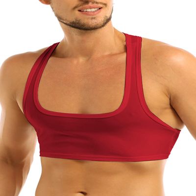YiZYiF Men's Sleeveless Y Back Muscle Half Tank Top Vest Tee T-Shirts Crop Tops Red Large