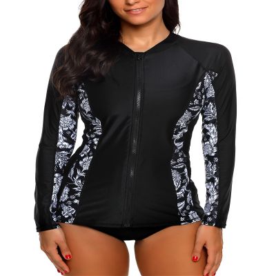 ATTRACO Long Sleeve Sporty Swim Shirt Womens Rashguard Tops Black XL