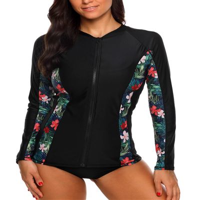 ATTRACO Womens Zip Rash Guard Long Sleeve Swimsuit Top Athletic Sun Shirt Floral