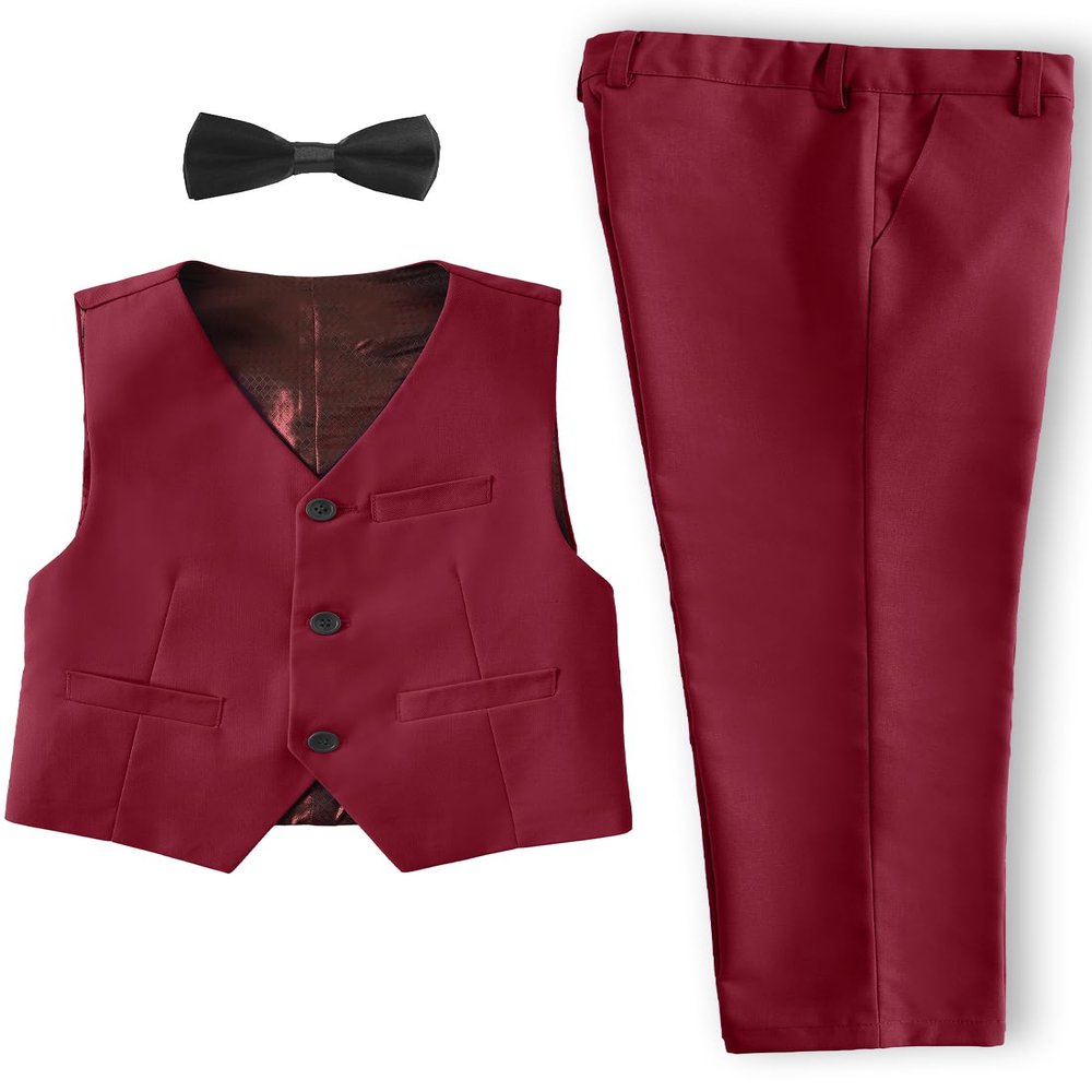 YuanLu Boys Suits for Toddler Kids Slim Fit Tuxedo Ring Bearer Outfit Formal Vest and Pants Set with Bowtie Burgundy Birthday Dress Suit Size 2T