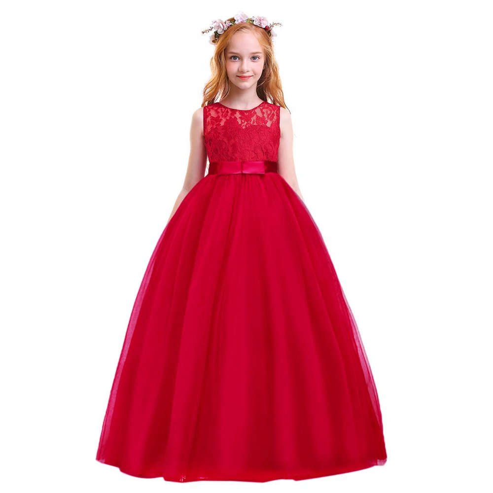 Big Girls Tulle Lace Princess Bowknot Dress Flower Girl Wedding Communion Evening Birthday Party Dress Red 5-6 Years