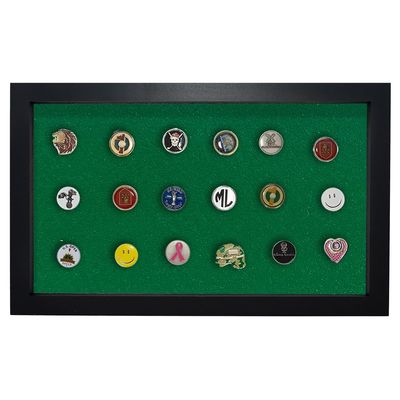 Eureka Golf Products Golf Ball Marker Display Case | Holds 40 Pegged or Non Pegged (Flat) Ball Markers | Black/Green | Wall Mounted Wooden Case | Measures 15.5" W X 9.5" H