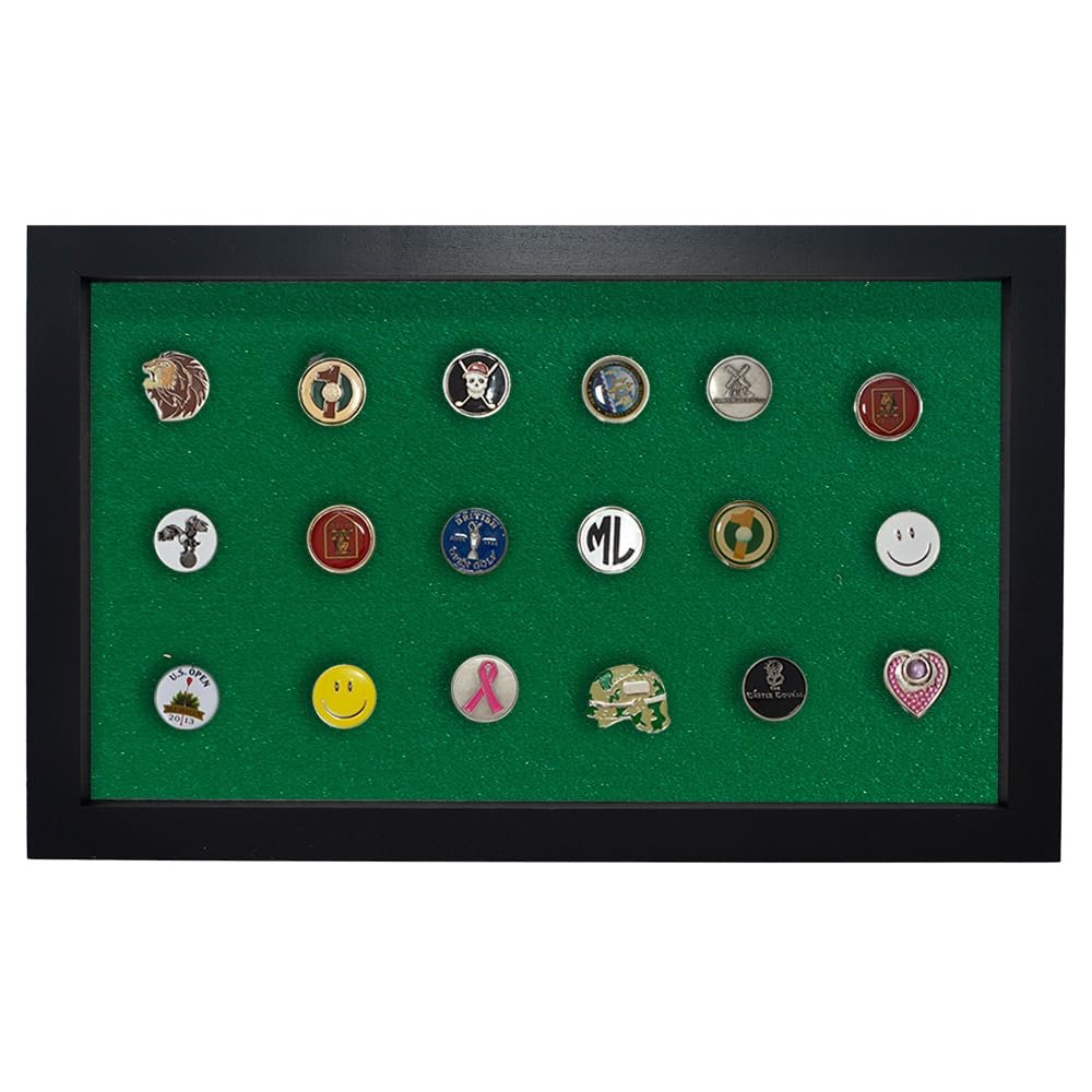 Eureka Golf Products Golf Ball Marker Display Case | Holds 40 Pegged or Non Pegged (Flat) Ball Markers | Black/Green | Wall Mounted Wooden Case | Measures 15.5" W X 9.5" H