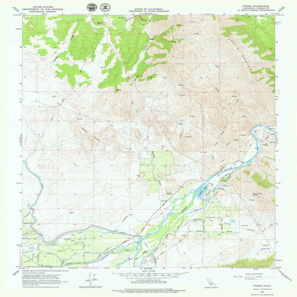YellowMaps Piedra CA topo map, 1:24000 Scale, 7.5 X 7.5 Minute, Historical, 1965, Updated 1979, 26.8 x 21.5 in - Tyvek