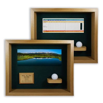 Eureka Golf Products Hole in One Shadowbox and Golf Ball Display Case | Personalized Engraved Plate | Holds Golf Ball and Scorecard or Photo | Horizontal Layout | Oak Finish | Wall Mounted