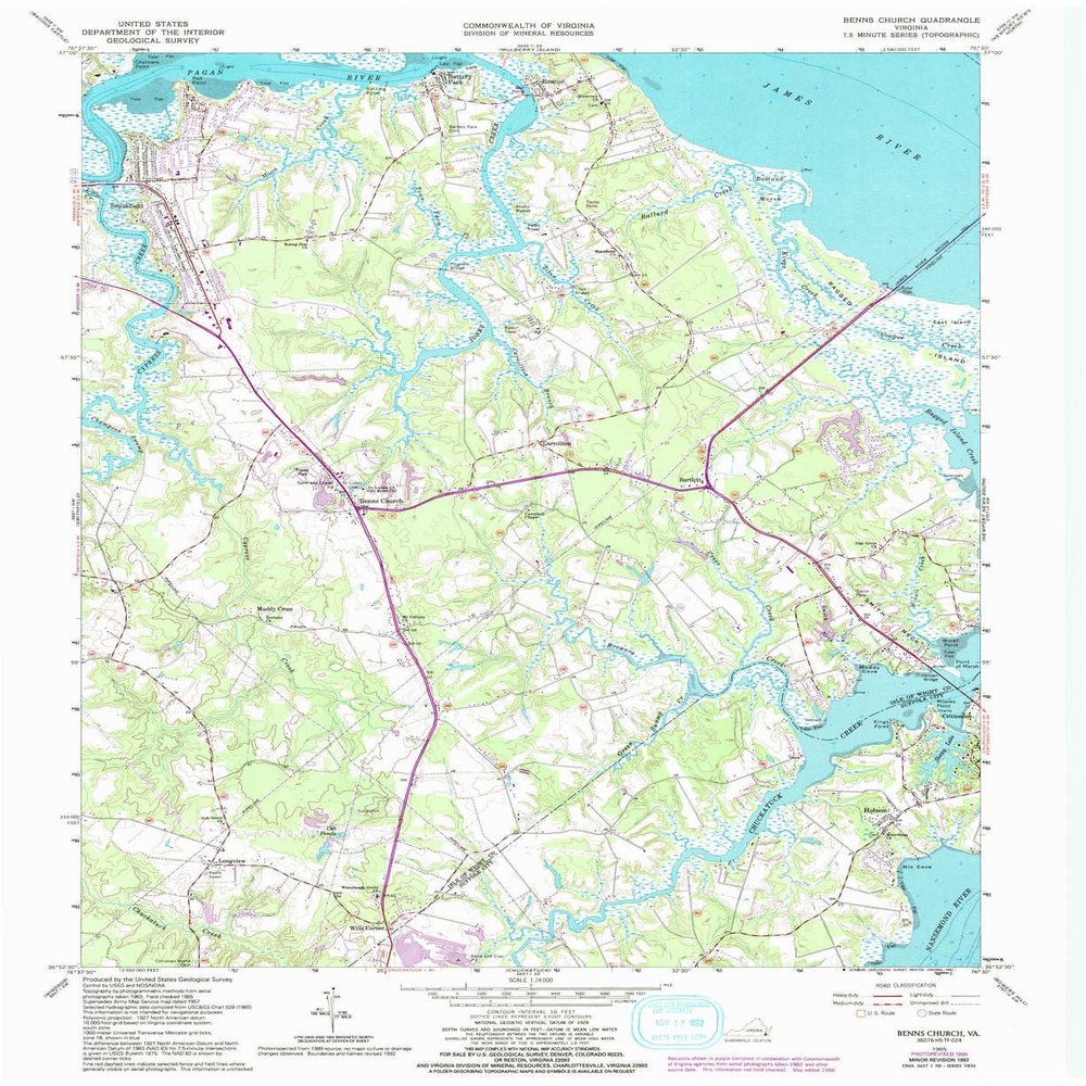 YellowMaps Benns Church VA topo map, 1:24000 Scale, 7.5 X 7.5 Minute, Historical, 1965, Updated 1992, 27 x 22 in - Tyvek
