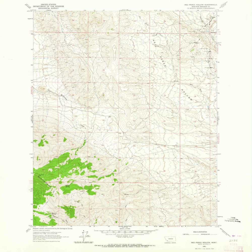Nez Perce Hollow MT topo map, 1:24000 Scale, 7.5 X 7.5 Minute, Historical, 1961, Updated 1964, 26.8 x 22 in - Tyvek