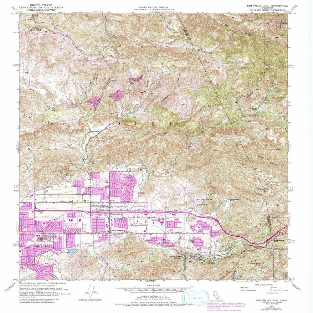 Simi Valley East CA topo map, 1:24000 Scale, 7.5 X 7.5 Minute, Historical, 1951, Updated 1994, 26.8 x 22 in - Tyvek