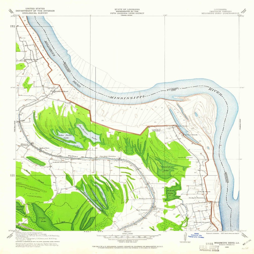 YellowMaps Millikens Bend LA topo map, 1:24000 Scale, 7.5 X 7.5 Minute, Historical, 1909, Updated 1961, 26.9 x 21.9 in - Tyvek