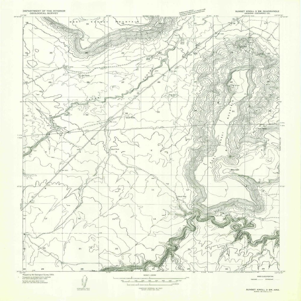 YellowMaps Sunset Knoll 2 SW AZ topo map, 1:24000 Scale, 7.5 X 7.5 Minute, Historical, 1955, Updated 1957, 26.9 x 22 in - Tyvek