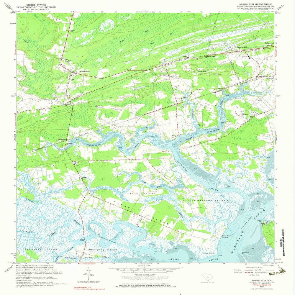 YellowMaps Adams Run SC topo map, 1:24000 Scale, 7.5 X 7.5 Minute, Historical, 1960, Updated 1983, 26.9 x 22 in - Tyvek