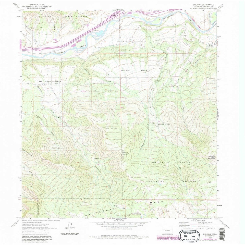 YellowMaps Rulison CO topo map, 1:24000 Scale, 7.5 X 7.5 Minute, Historical, 1960, Updated 1988, 27 x 22.2 in - Tyvek