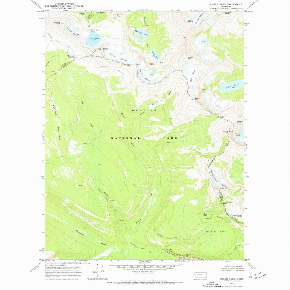 YellowMaps Ahern Pass MT topo map, 1:24000 Scale, 7.5 X 7.5 Minute, Historical, 1968, Updated 1972, 26.7 x 22 in - Tyvek