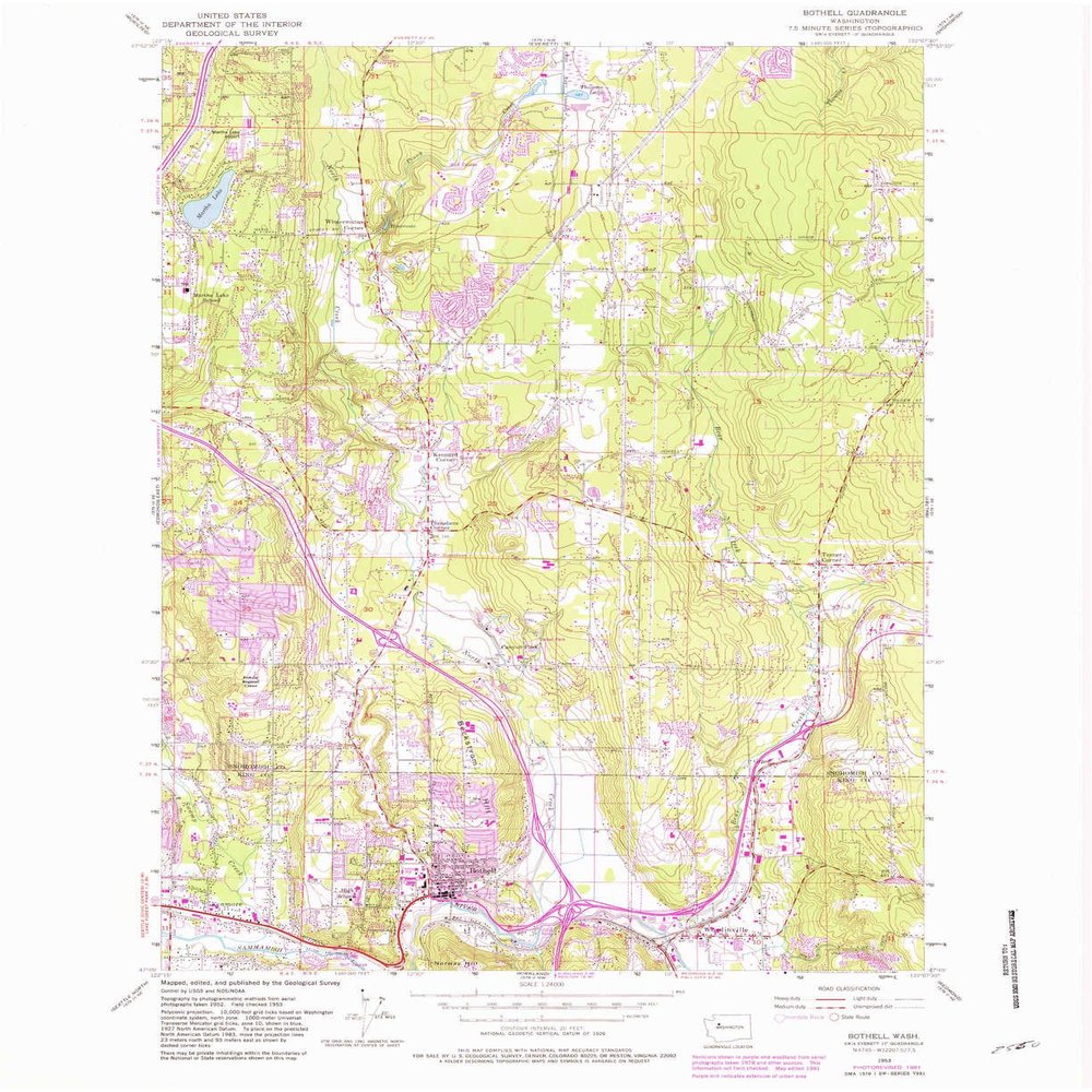 YellowMaps Bothell WA topo map, 1:24000 Scale, 7.5 X 7.5 Minute, Historical, 1953, Updated 1981, 26.9 x 22 in - Tyvek