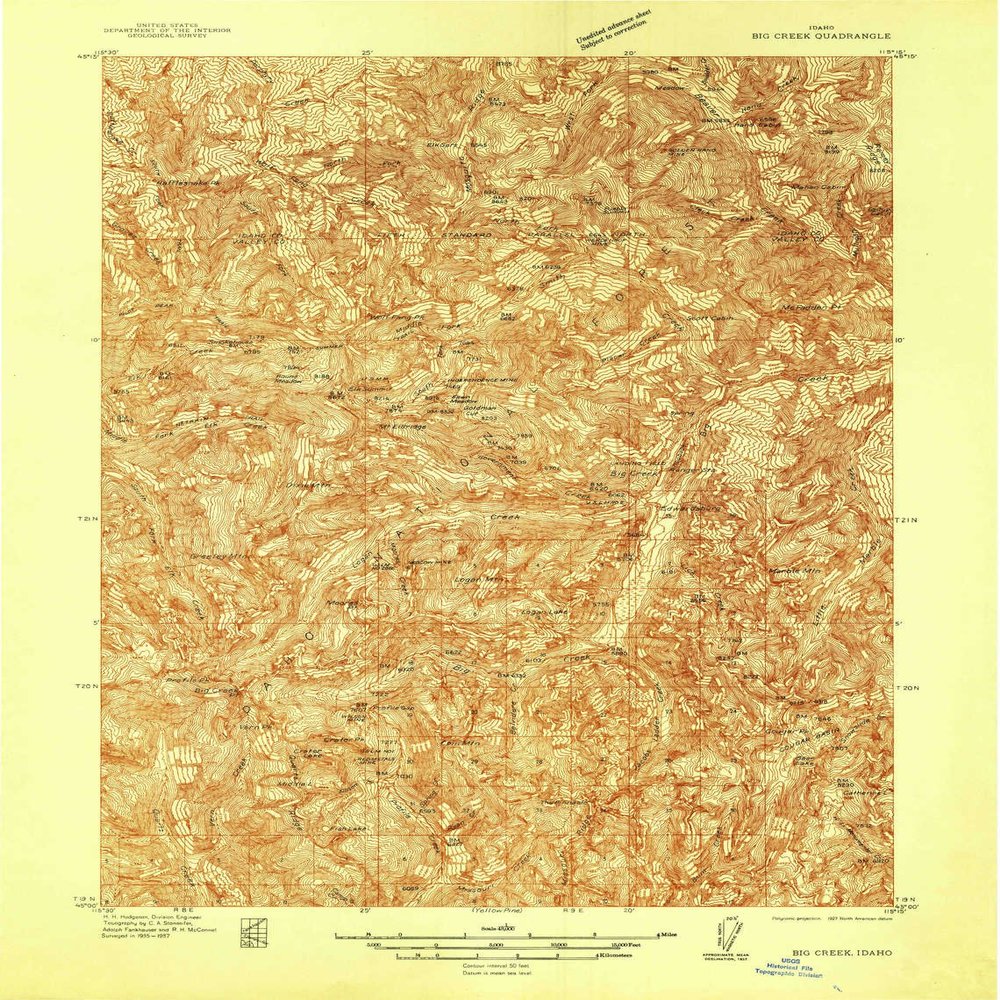 YellowMaps Big Creek ID topo map, 1:48000 Scale, 15 X 15 Minute, Historical, 1937, 26.8 x 20.4 in - Tyvek