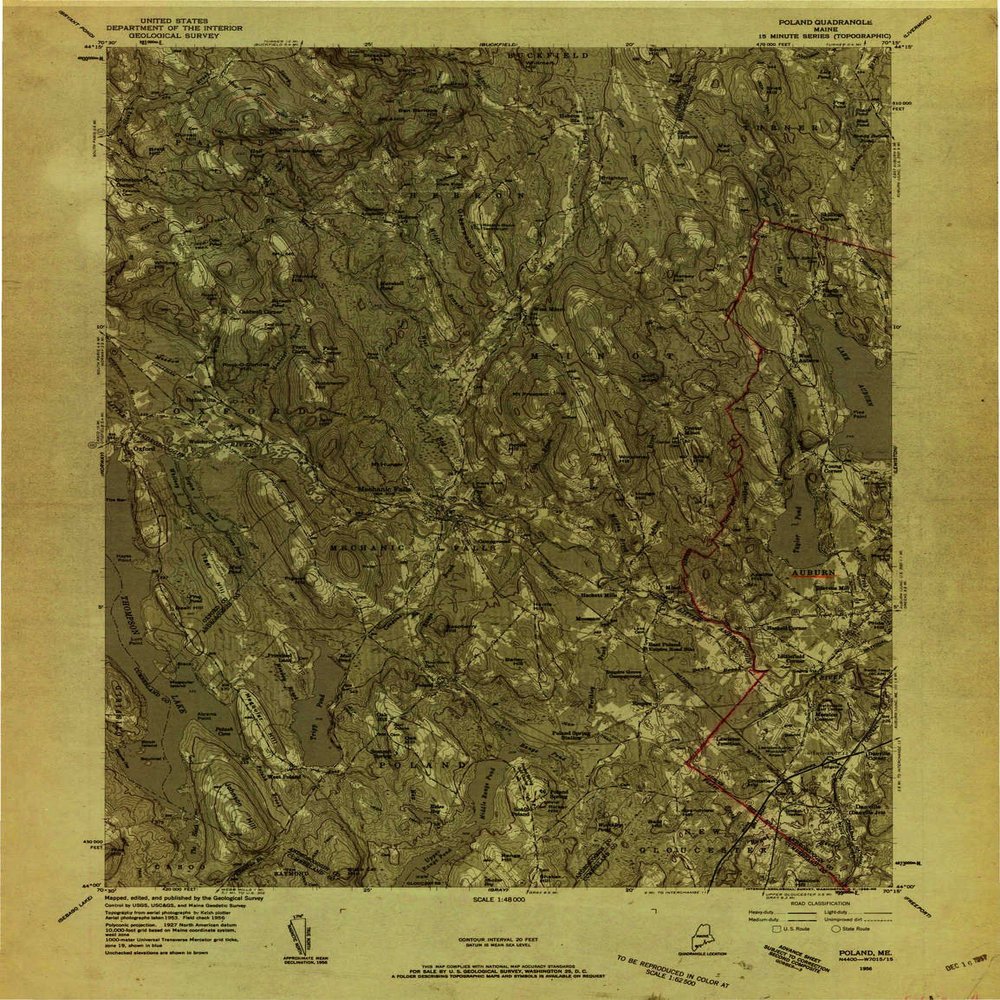 YellowMaps Poland ME topo map, 1:48000 Scale, 15 X 15 Minute, Historical, 1956, Updated 1958, 27.1 x 20.9 in - Tyvek