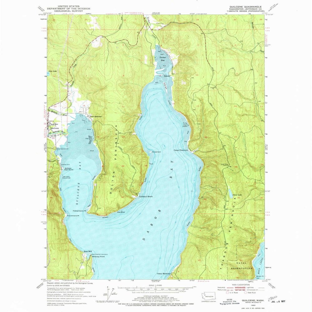 YellowMaps Quilcene WA topo map, 1:24000 Scale, 7.5 X 7.5 Minute, Historical, 1953, Updated 1977, 26.9 x 22 in - Tyvek