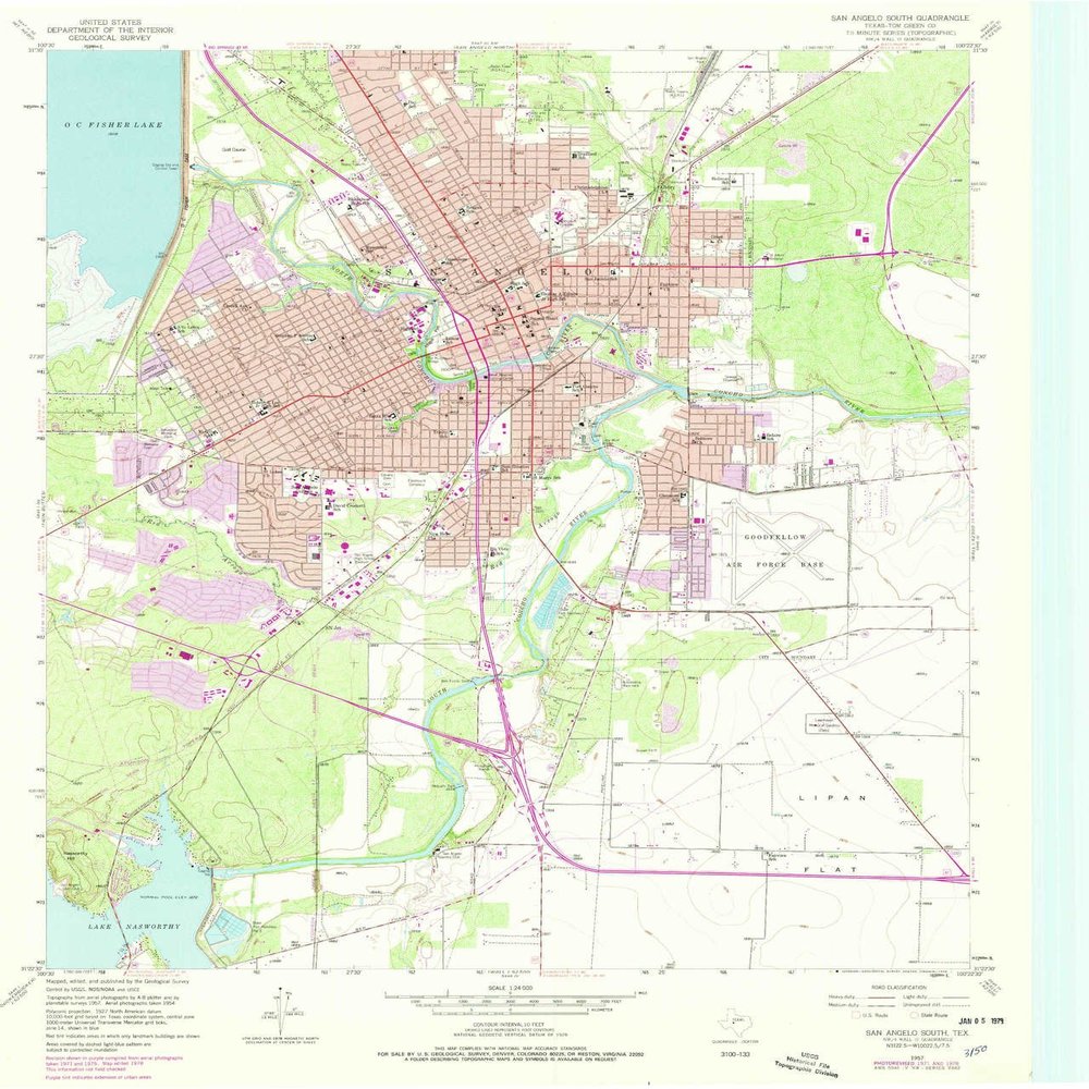 YellowMaps San Angelo South TX topo map, 1:24000 Scale, 7.5 X 7.5 Minute, Historical, 1957, Updated 1978, 27 x 23 in - Tyvek