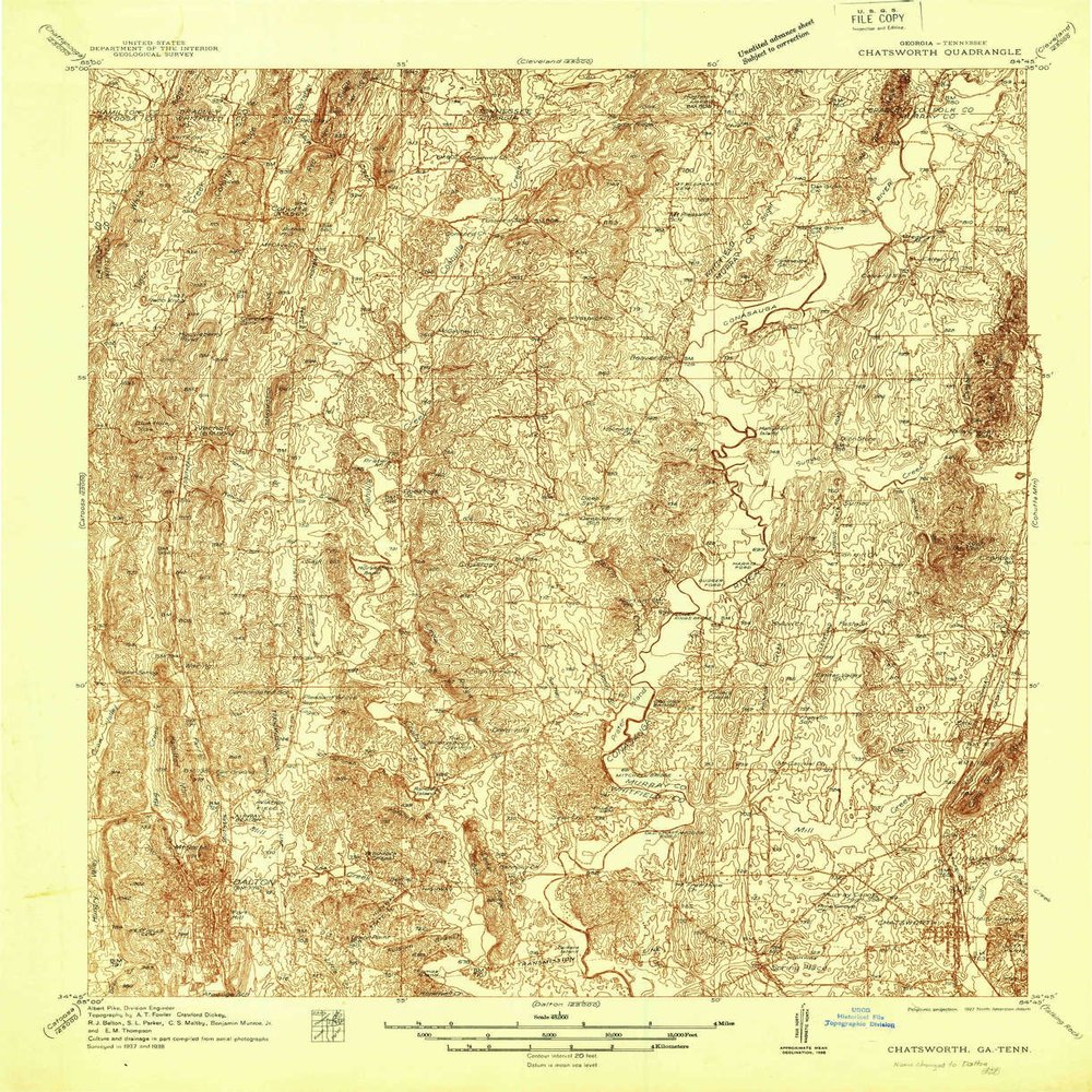 YellowMaps Chatsworth GA topo map, 1:48000 Scale, 15 X 15 Minute, Historical, 1938, 26.8 x 21.8 in - Tyvek