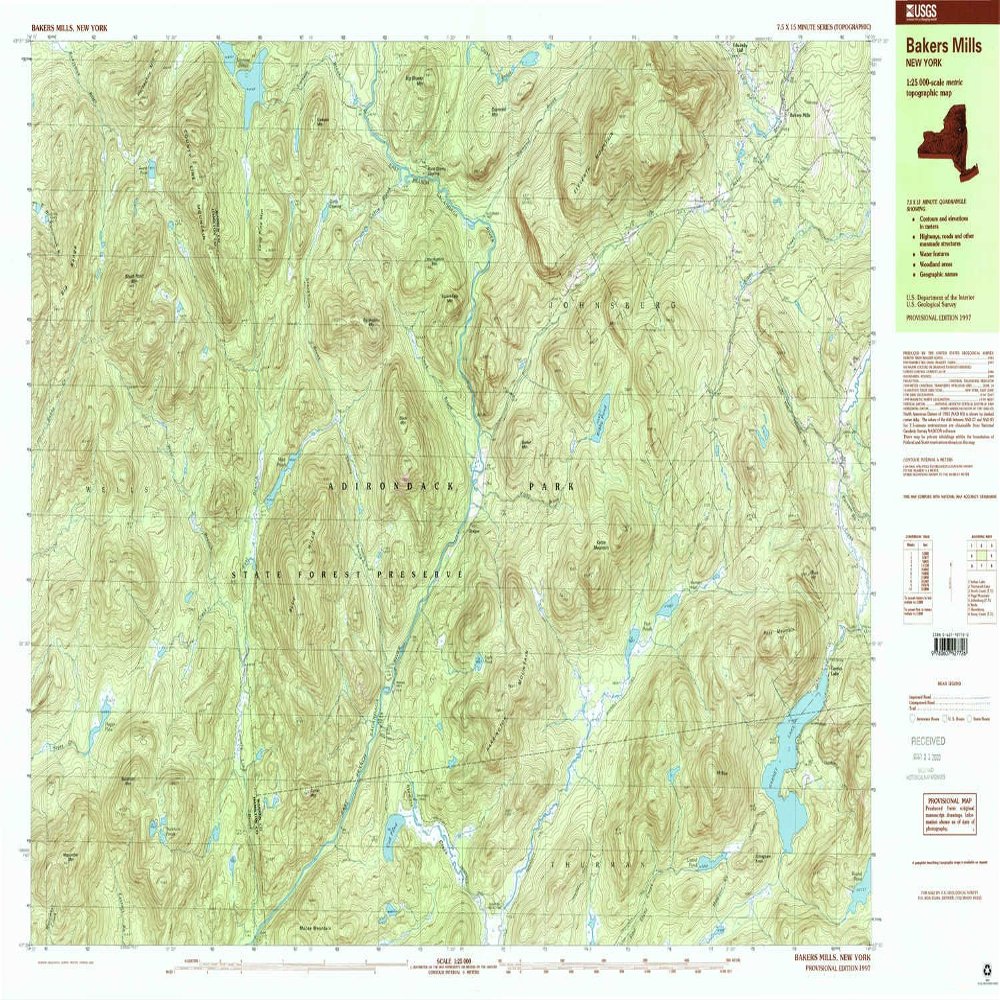 YellowMaps Bakers Mills NY topo map, 1:25000 Scale, 7.5 X 15 Minute, Historical, 1997, Updated 2000, 24.1 x 37.9 in - Tyvek