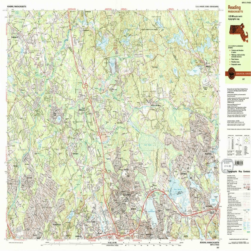YellowMaps Reading MA topo map, 1:25000 Scale, 7.5 X 15 Minute, Historical, 1987, Updated 1987, 24 x 38.4 in - Tyvek