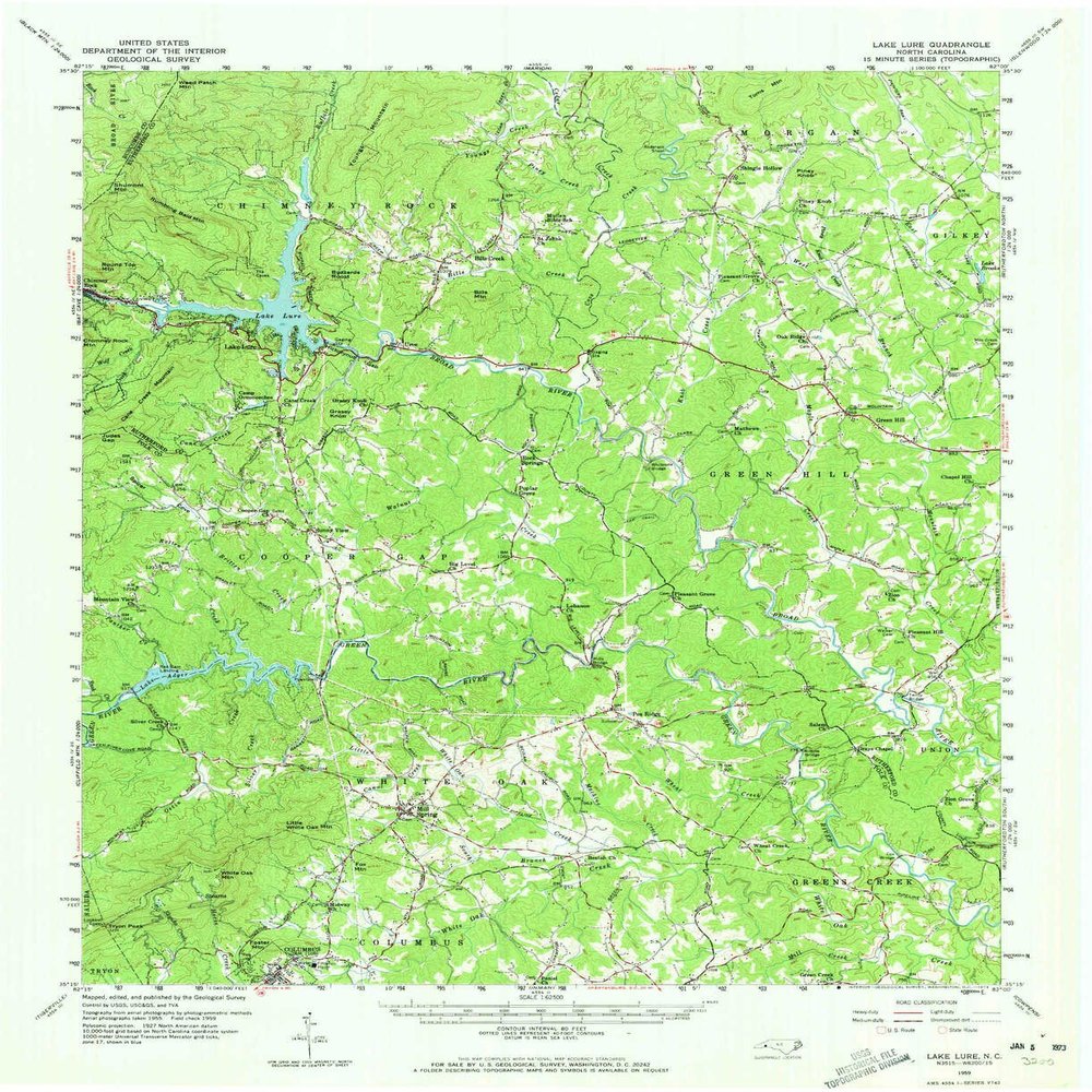YellowMaps Lake Lure NC topo map, 1:62500 Scale, 15 X 15 Minute, Historical, 1959, Updated 1973, 20.9 x 17 in - Tyvek