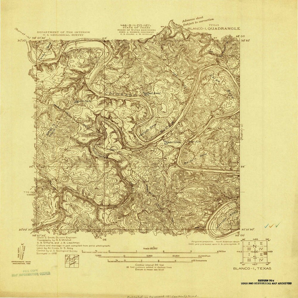 YellowMaps Blanco 1 TX topo map, 1:48000 Scale, 7.5 X 7.5 Minute, Historical, 1930, 17.9 x 14.5 in - Tyvek