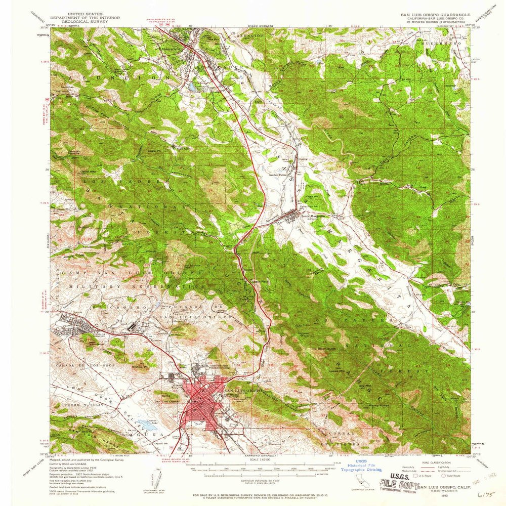 YellowMaps San Luis Obispo CA topo map, 1:62500 Scale, 15 X 15 Minute, Historical, 1952, Updated 1960, 20.7 x 17.2 in - Tyvek